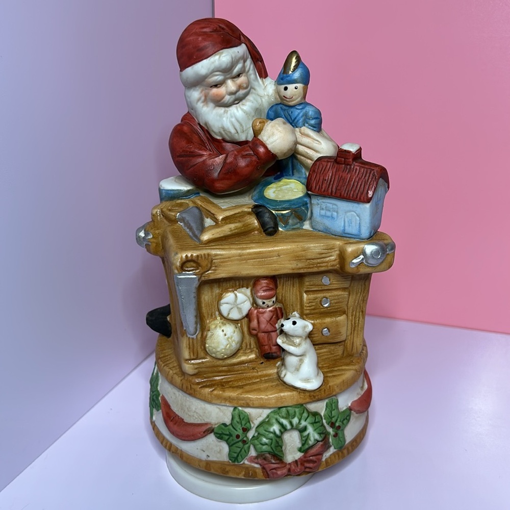 Vintage Homco Santa Claus Rotating Music Box Jingle Bells Porcelain Figurine